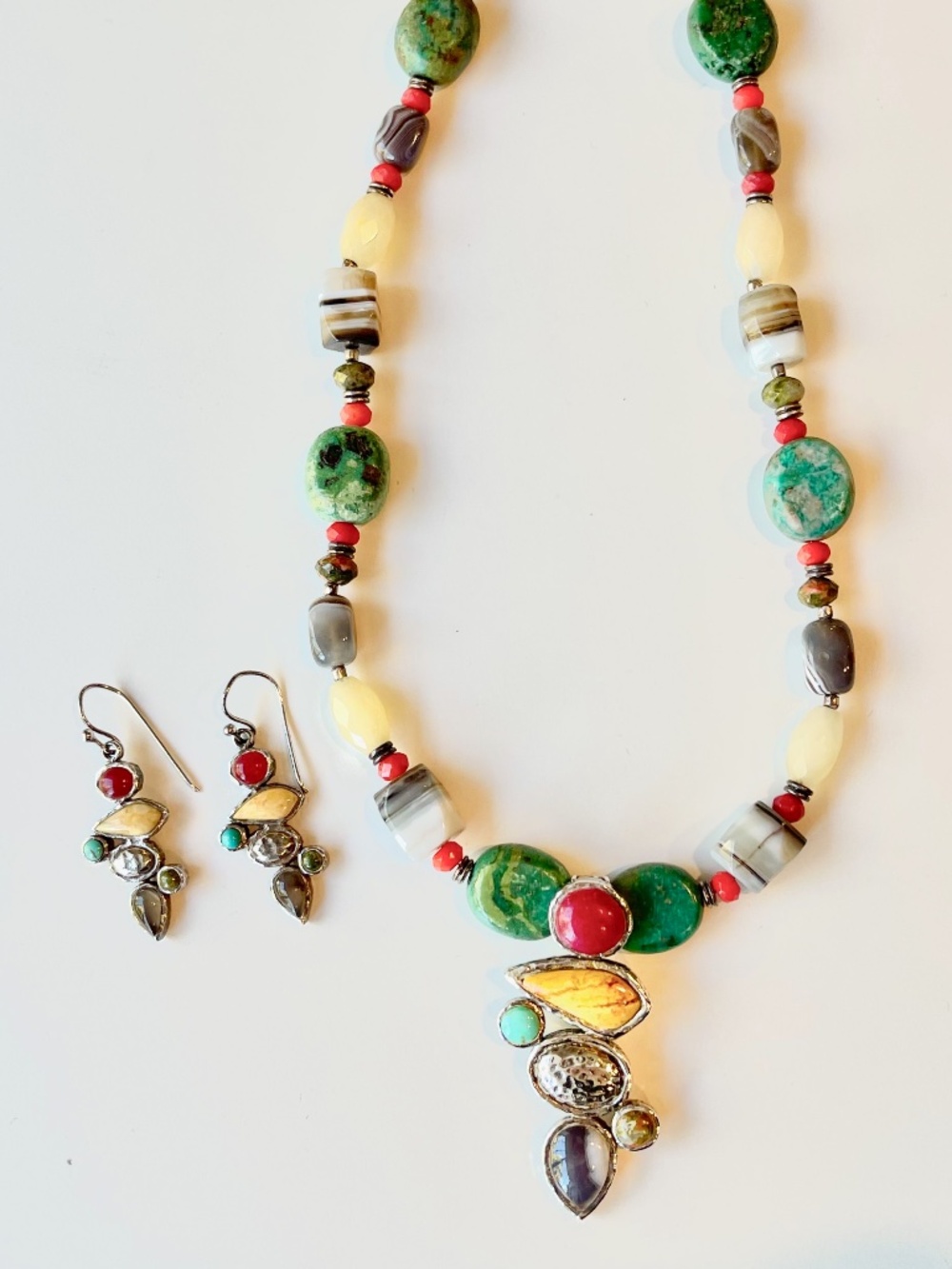 BARSE 925 Sterling Silver TURQUOISE & GEMSTONES PENDANT Necklace k& Earrings Set